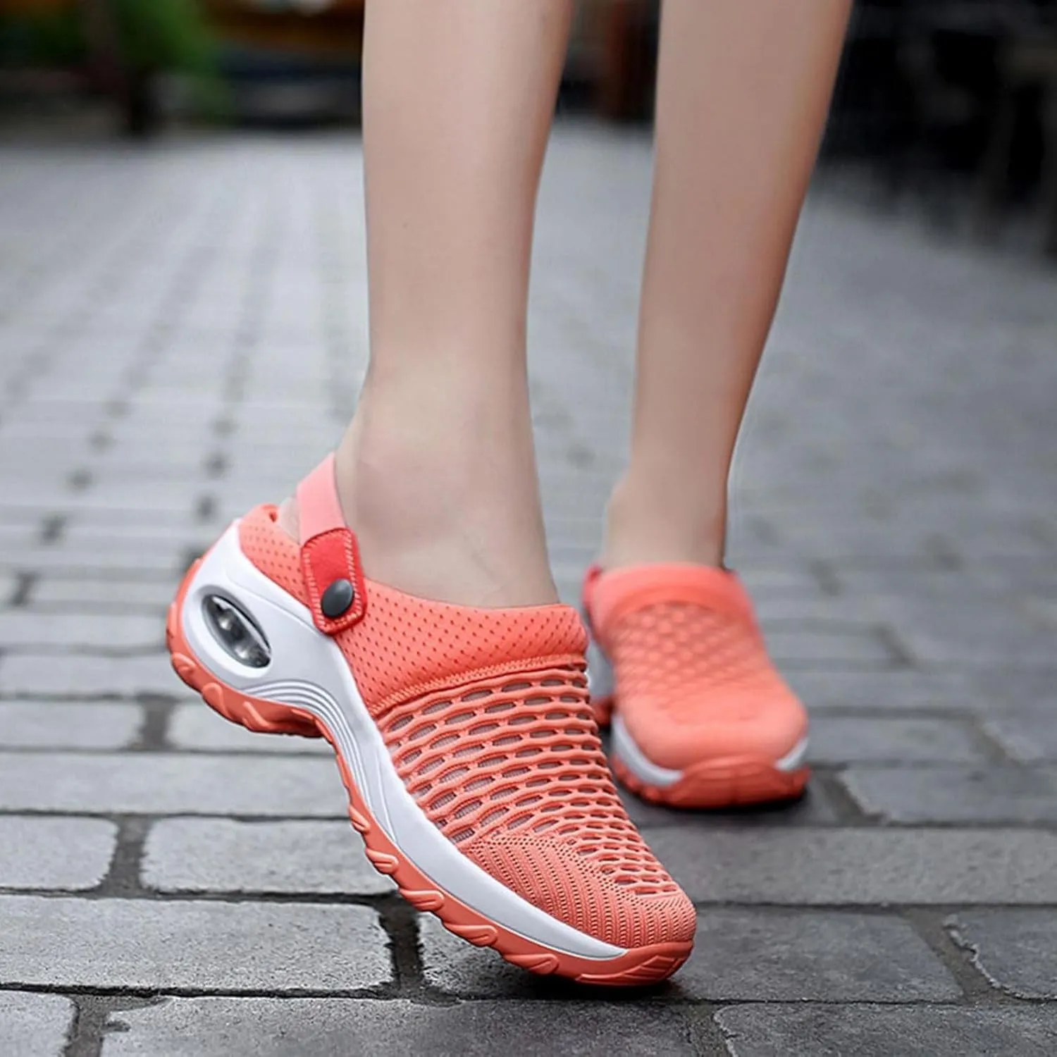 Air Cushion Orthopedic Slip On Shoes Womens Breathable Mesh Garden Shoes Comfortable Walking Shoes Fashion Knit Fabric Clogs For Women On Feet All Day
