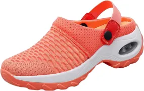 Air Cushion Orthopedic Slip On Shoes Womens Breathable Mesh Garden Shoes Comfortable Walking Shoes Fashion Knit Fabric Clogs For Women On Feet All Day