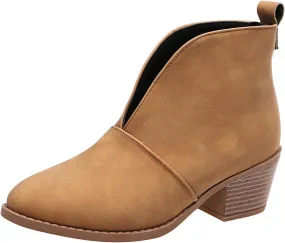 Ankle Boots for Women Fall Boots Casual Women's Boots Slip on V Cutout Pointed Toe Chunky Stacked Mid Heel Booties