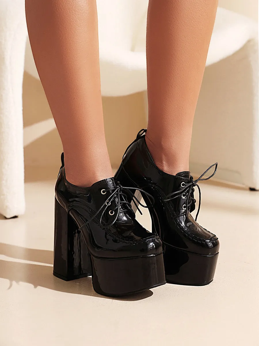 Classic Lace-up Patent Leather Block Chunky High Heels Platform Pumps