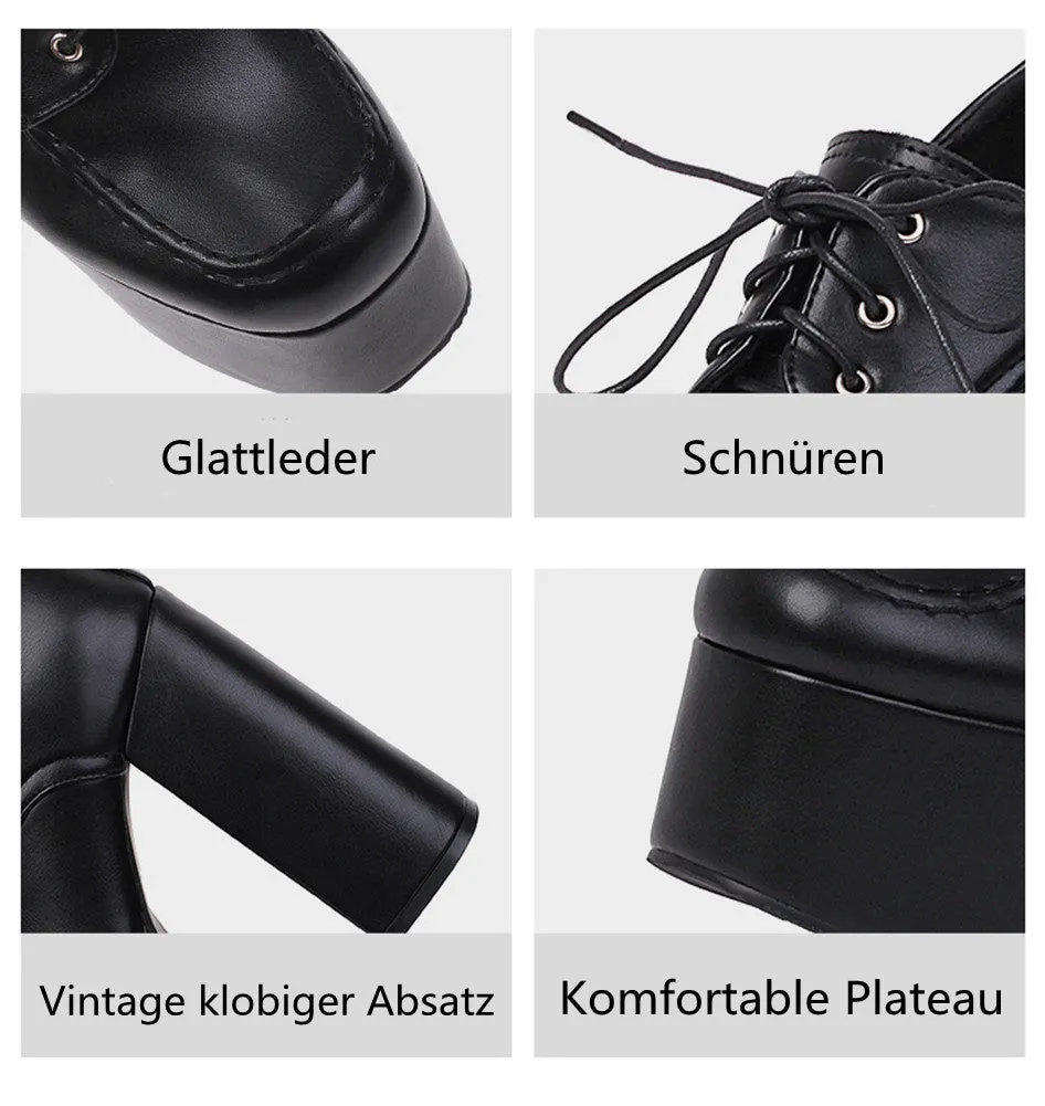 Classic Lace-up Patent Leather Block Chunky High Heels Platform Pumps