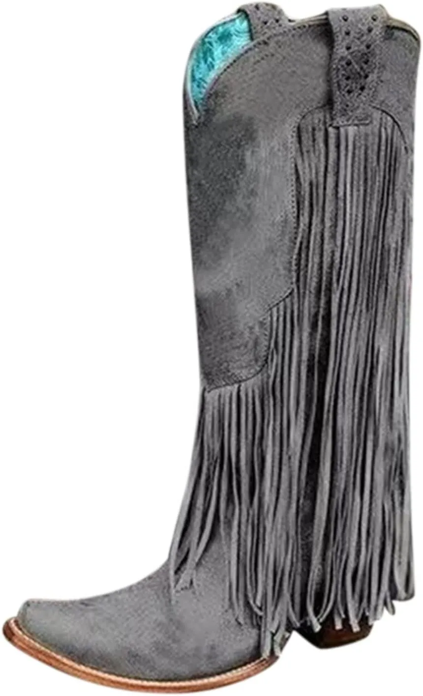 Cowboy Boots for Women Knee High Boots Women Large Size Chunky Heel Tassel Boots High Heel Shoes Thigh High Booties