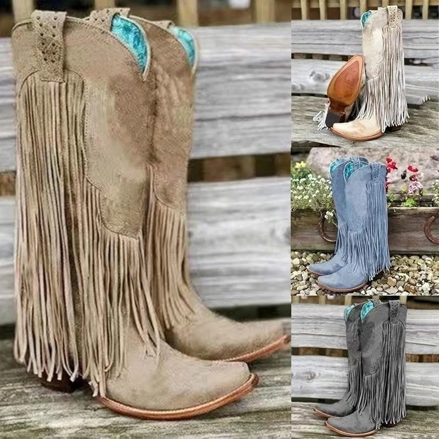 Cowboy Boots for Women Knee High Boots Women Large Size Chunky Heel Tassel Boots High Heel Shoes Thigh High Booties
