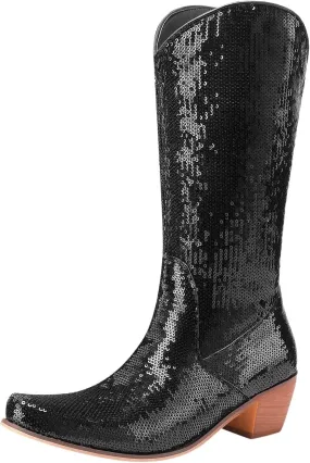 Cowboy Boots for Women Metallic Western Boots Chunky Heel Mid Calf Boots Pointed Toe Wide Calf Boots Combat Boots
