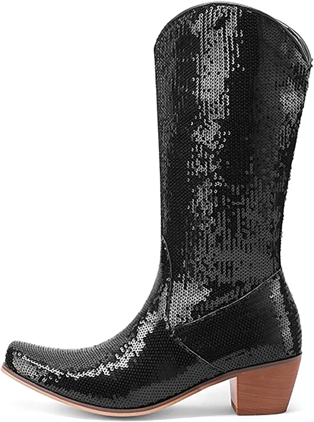 Cowboy Boots for Women Metallic Western Boots Chunky Heel Mid Calf Boots Pointed Toe Wide Calf Boots Combat Boots