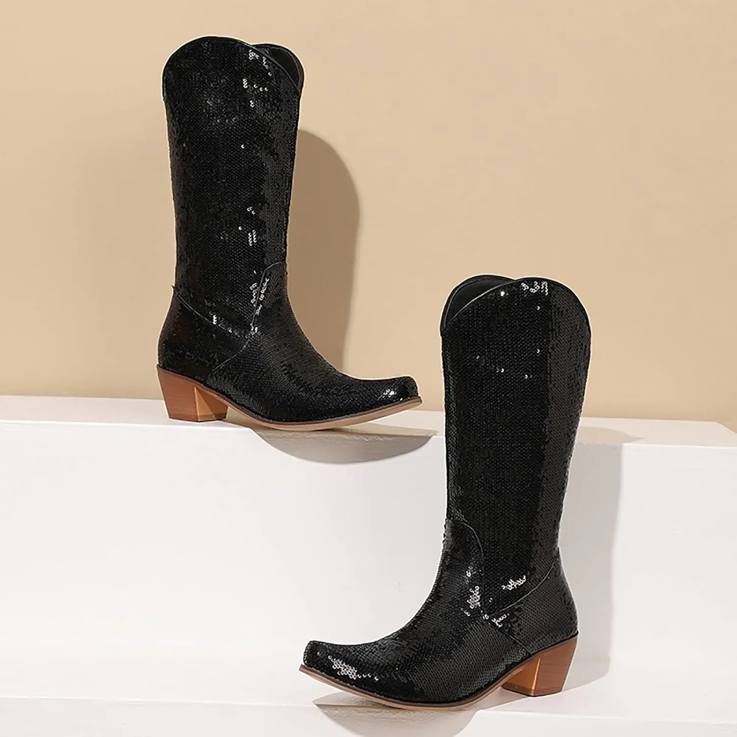 Cowboy Boots for Women Metallic Western Boots Chunky Heel Mid Calf Boots Pointed Toe Wide Calf Boots Combat Boots