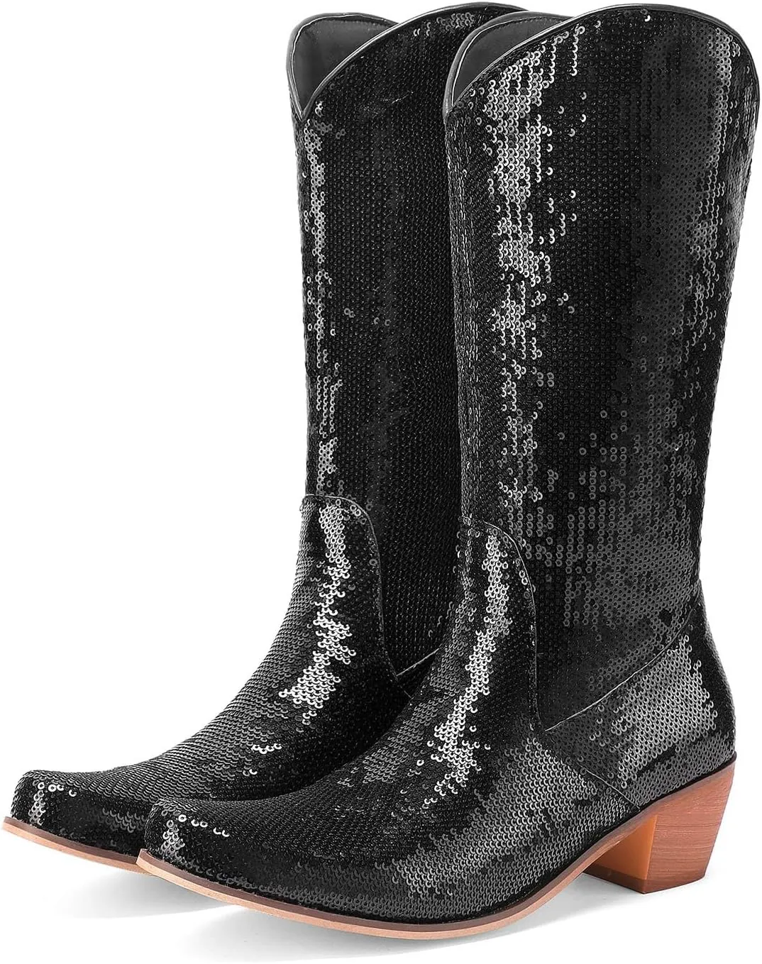 Cowboy Boots for Women Metallic Western Boots Chunky Heel Mid Calf Boots Pointed Toe Wide Calf Boots Combat Boots