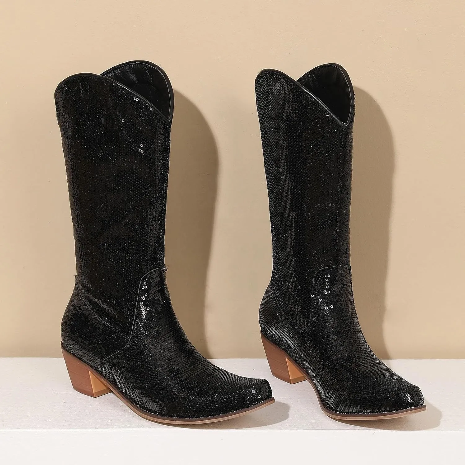 Cowboy Boots for Women Metallic Western Boots Chunky Heel Mid Calf Boots Pointed Toe Wide Calf Boots Combat Boots