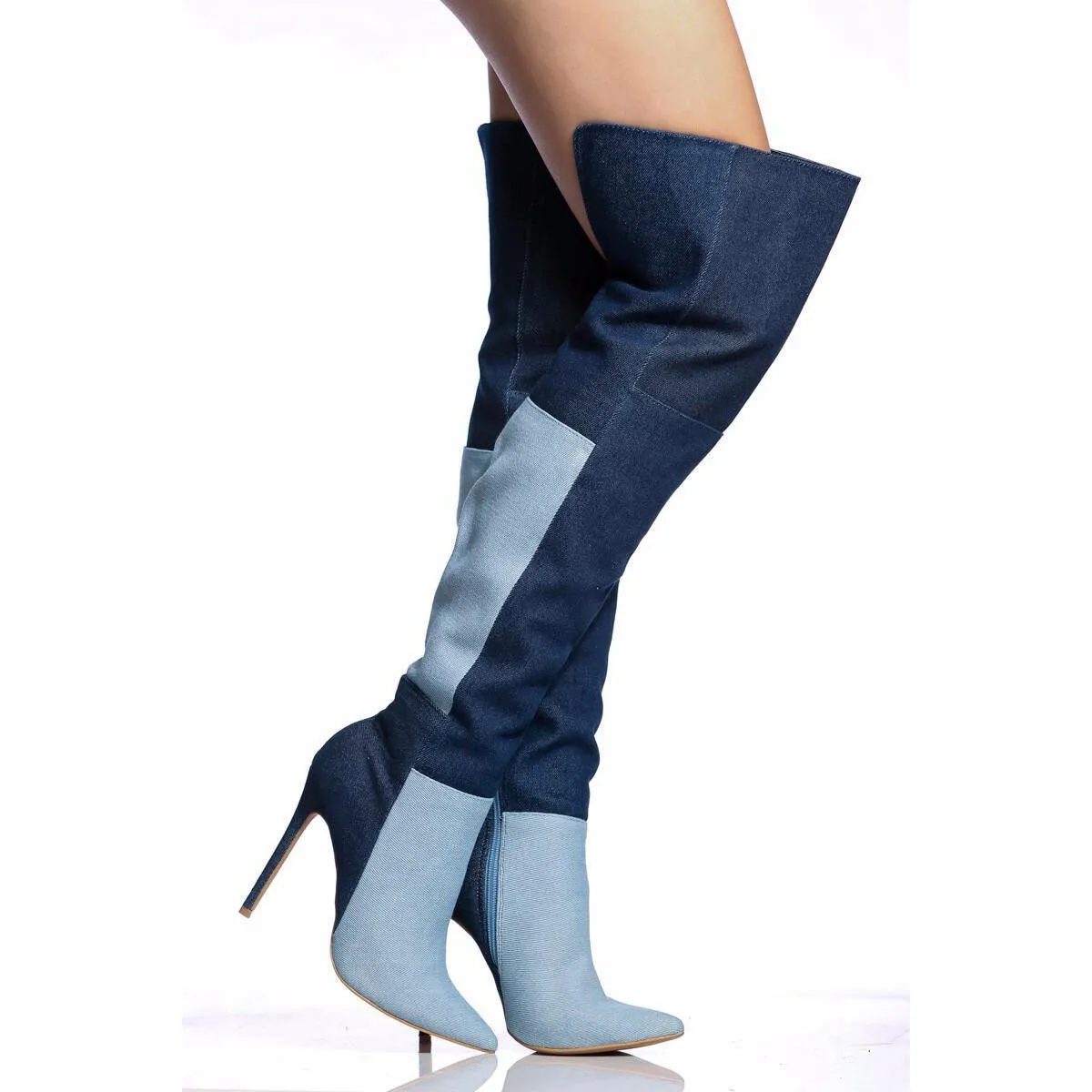 Cowboy Denim Color Block Stiletto High Heel Over Knee Boots