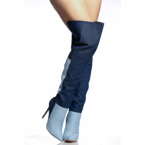 Cowboy Denim Color Block Stiletto High Heel Over Knee Boots