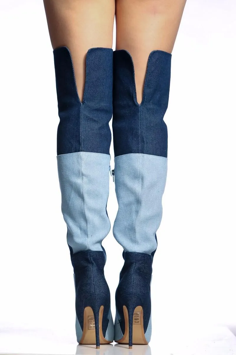 Cowboy Denim Color Block Stiletto High Heel Over Knee Boots