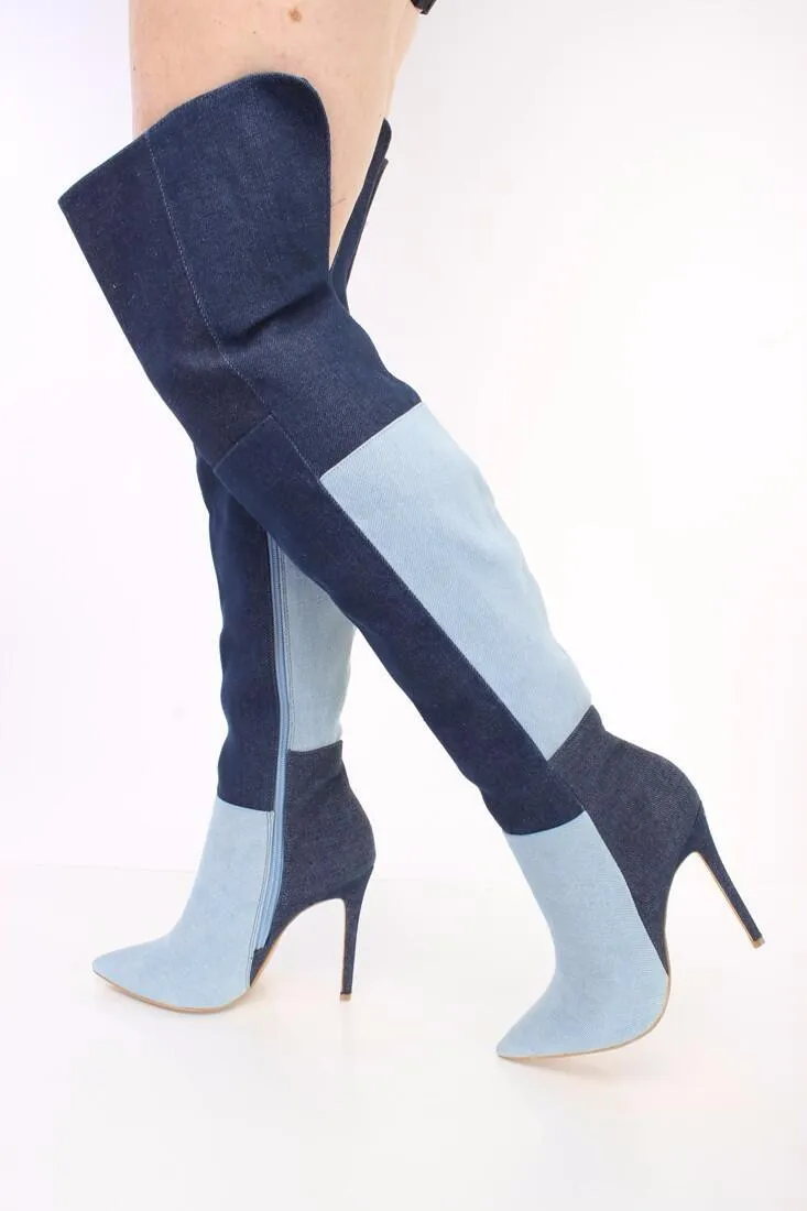 Cowboy Denim Color Block Stiletto High Heel Over Knee Boots