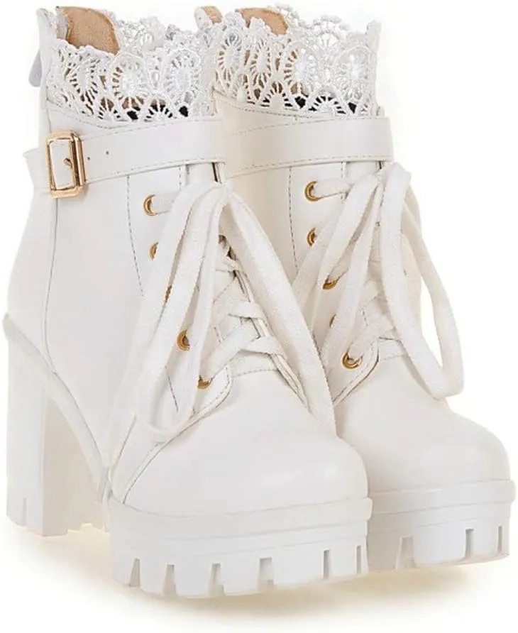 Crzidha Platform Ankle Boots for Women Winter Wedding Chunky Block High Heel Ankle Bootie with Stylish Lace Shoe Collar Buckle Strap Lace Up Mary Jean Shoes Fashion Gothic Cosplay High Heels