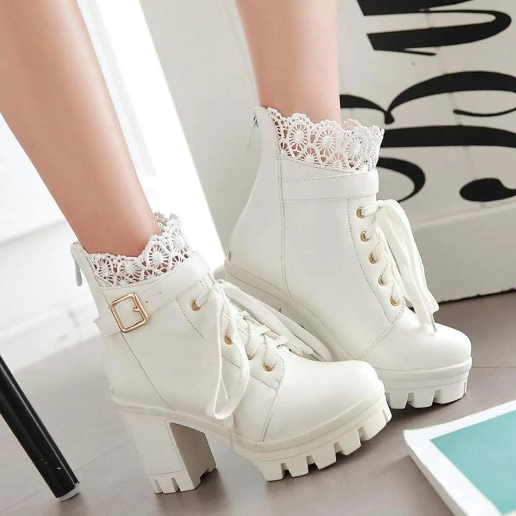 Crzidha Platform Ankle Boots for Women Winter Wedding Chunky Block High Heel Ankle Bootie with Stylish Lace Shoe Collar Buckle Strap Lace Up Mary Jean Shoes Fashion Gothic Cosplay High Heels