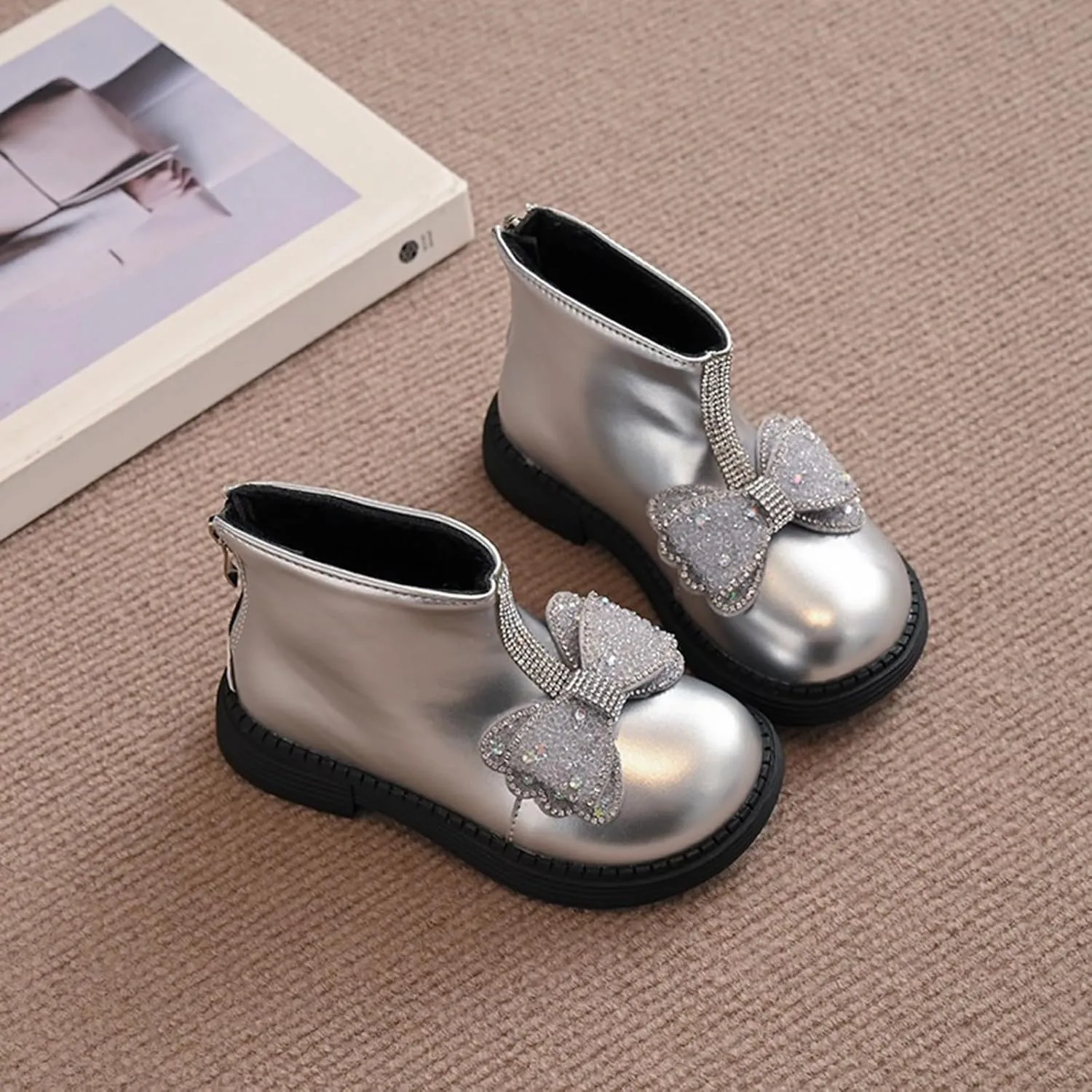 Cute Bowknot Glitter Short Boots for Girls Kids Low Heel Dress Booties Winter Sparkly 6 Toddler Girls Boots