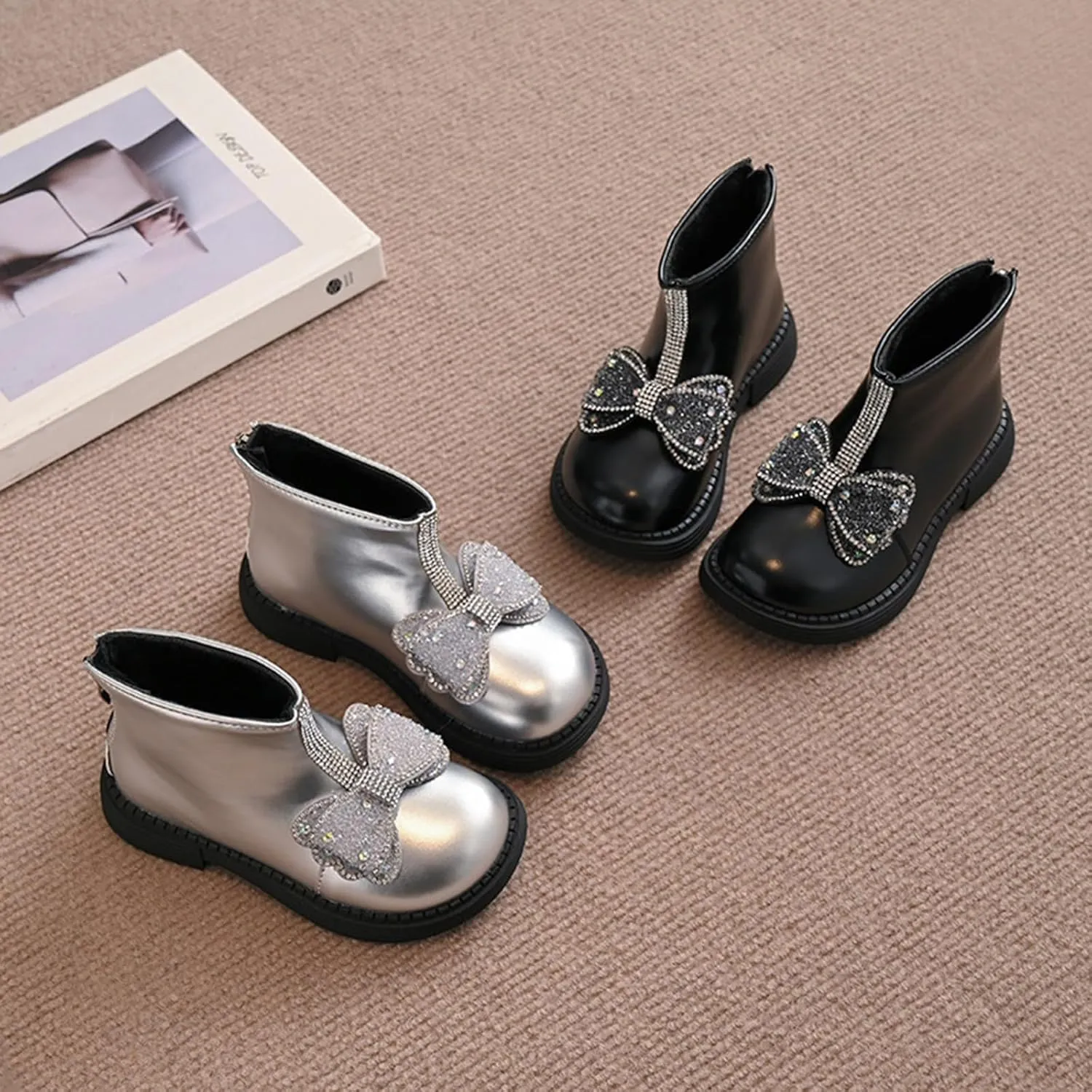 Cute Bowknot Glitter Short Boots for Girls Kids Low Heel Dress Booties Winter Sparkly 6 Toddler Girls Boots