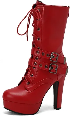 Fashion Womens Chunky High Heels Ankle Boots Lace up Platform Heels Booties