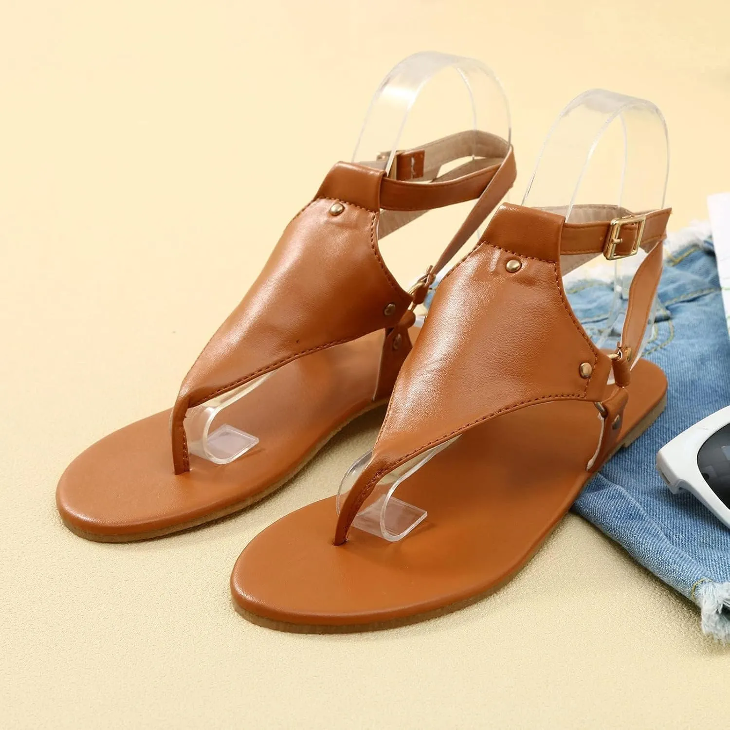 Flip Flops for Women Gladiator Sandals Open Toe Adjustable Buckle Ankle Strap Roman Retro Thong Comfortable Casual Walking Beach Sandal