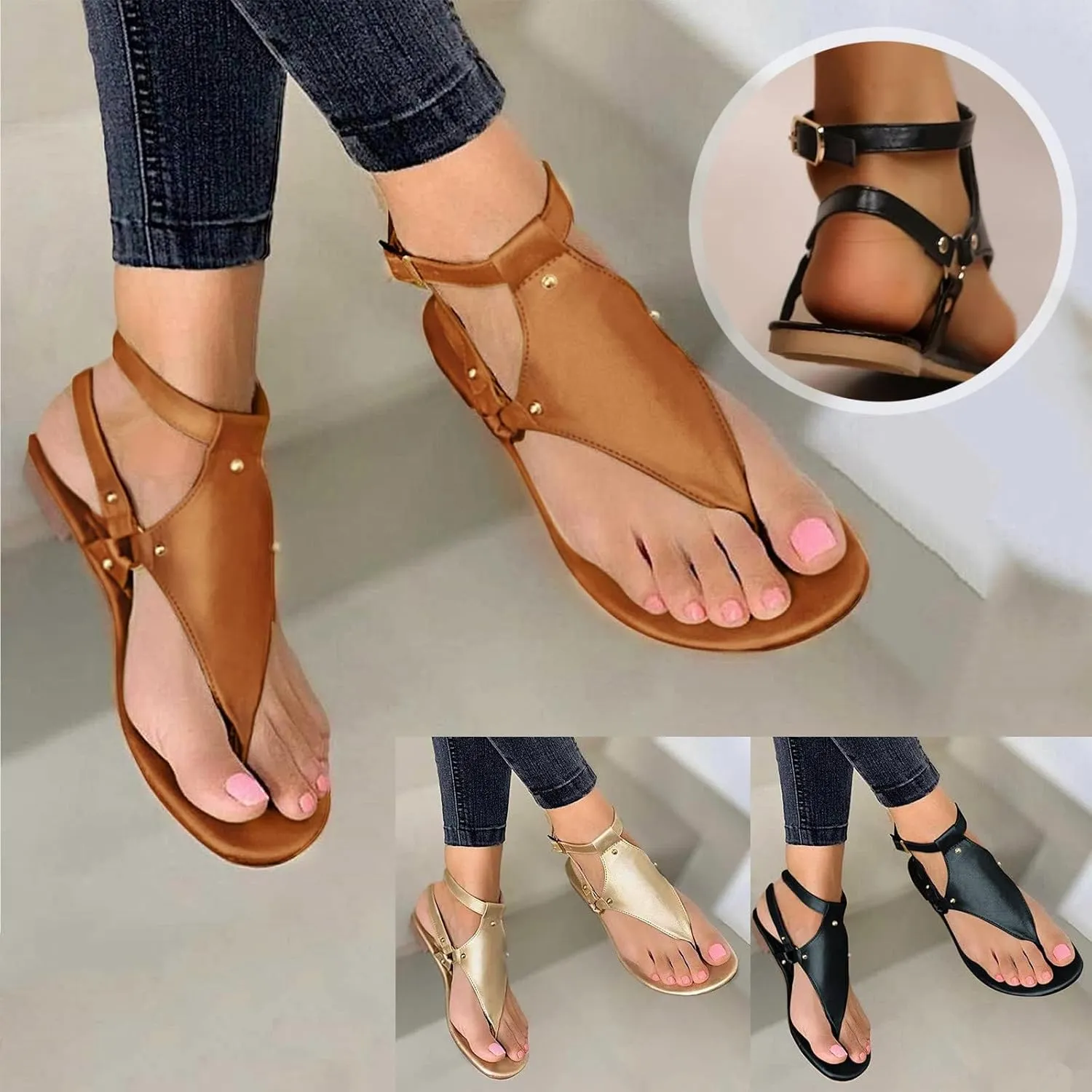 Flip Flops for Women Gladiator Sandals Open Toe Adjustable Buckle Ankle Strap Roman Retro Thong Comfortable Casual Walking Beach Sandal