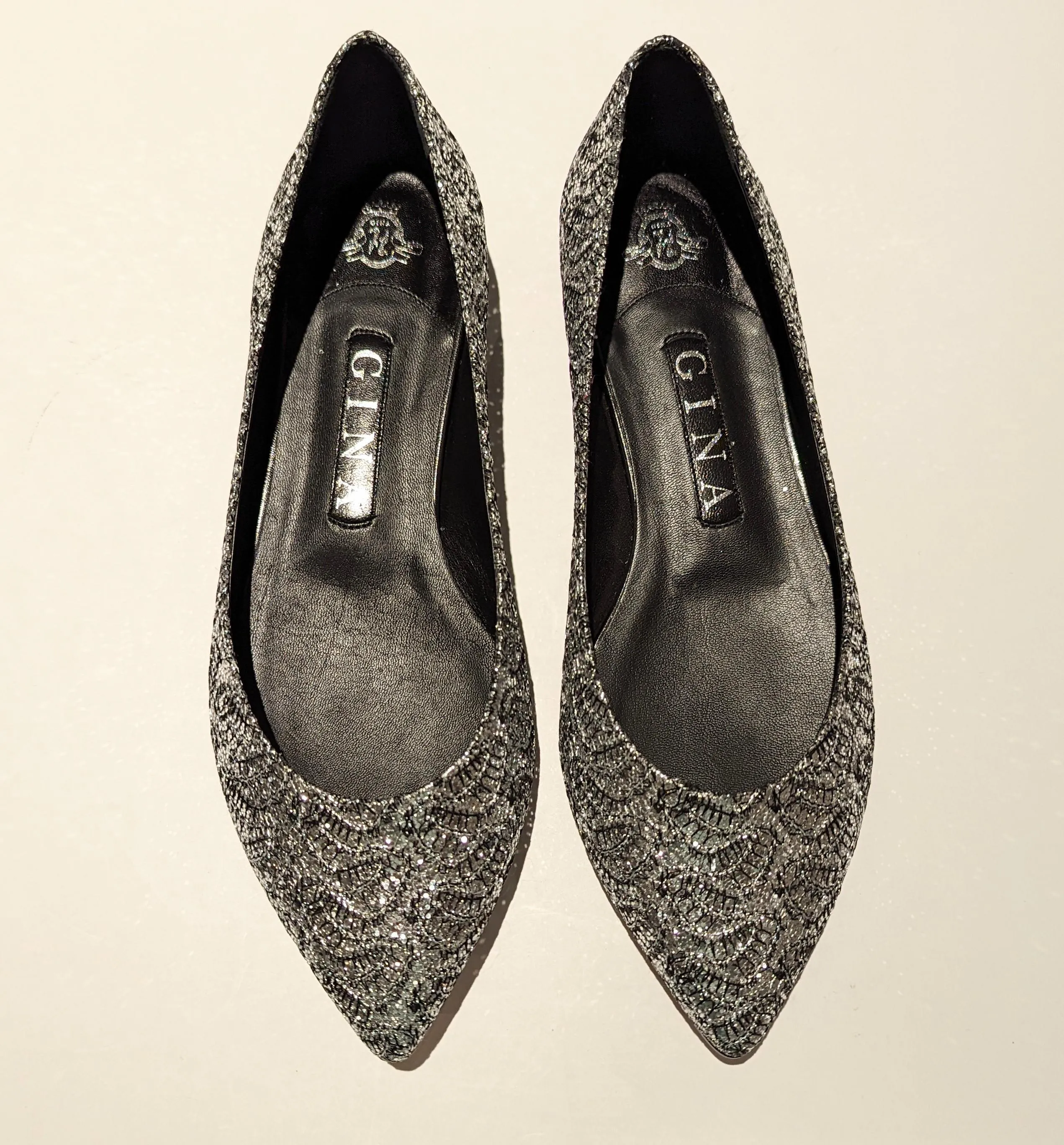 Gina Darcy Silver Glitter Lace Leather Flats Pointy Pumps