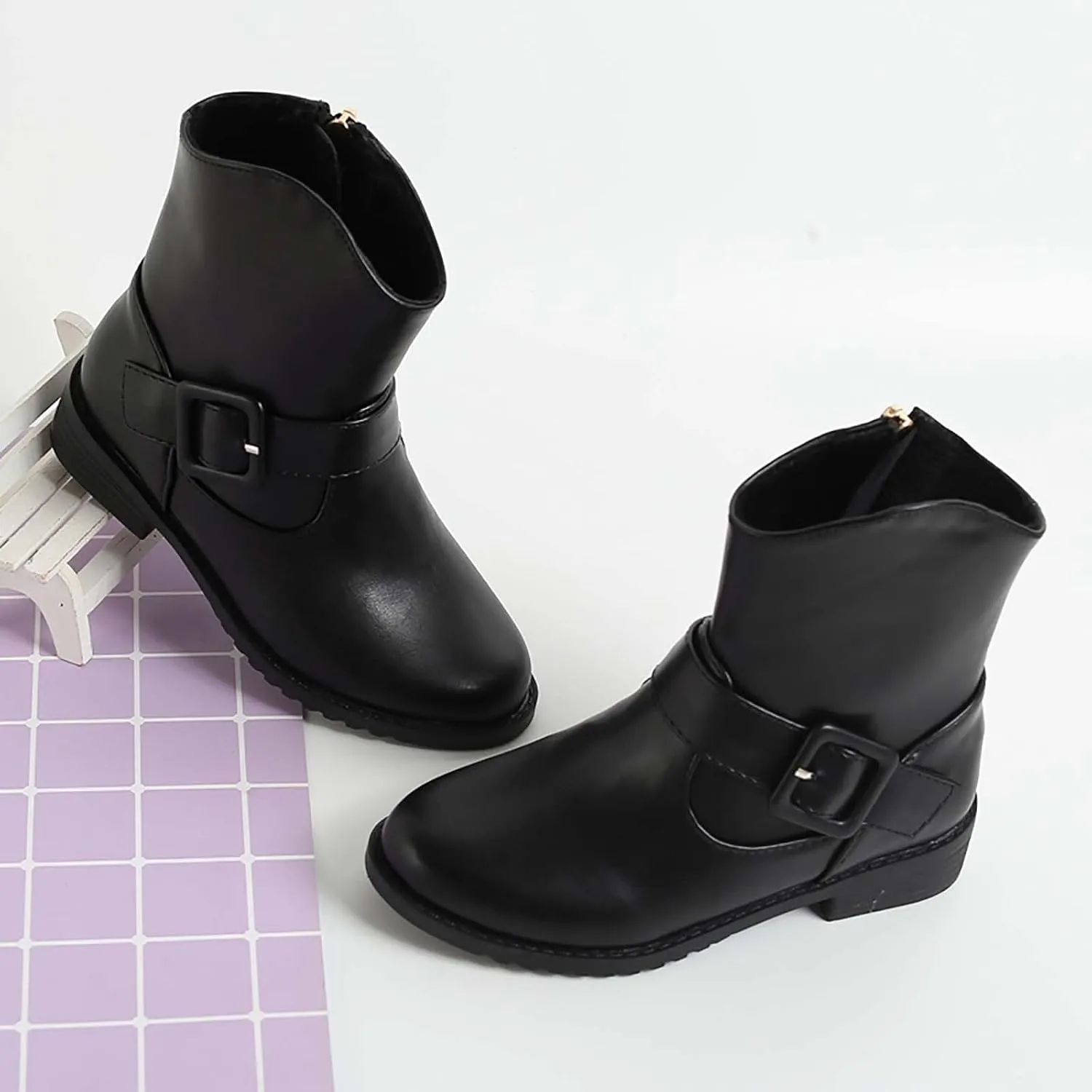 Girls Buckle Decor Side Zipper Western Boots Kids Ankle Boots Girls Low Heel Riding Booties with Rain Boots Girls Size 3