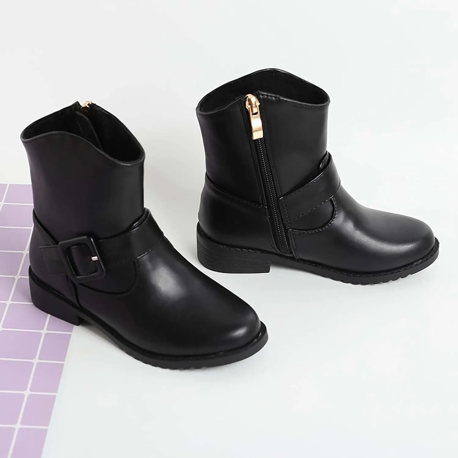 Girls Buckle Decor Side Zipper Western Boots Kids Ankle Boots Girls Low Heel Riding Booties with Rain Boots Girls Size 3