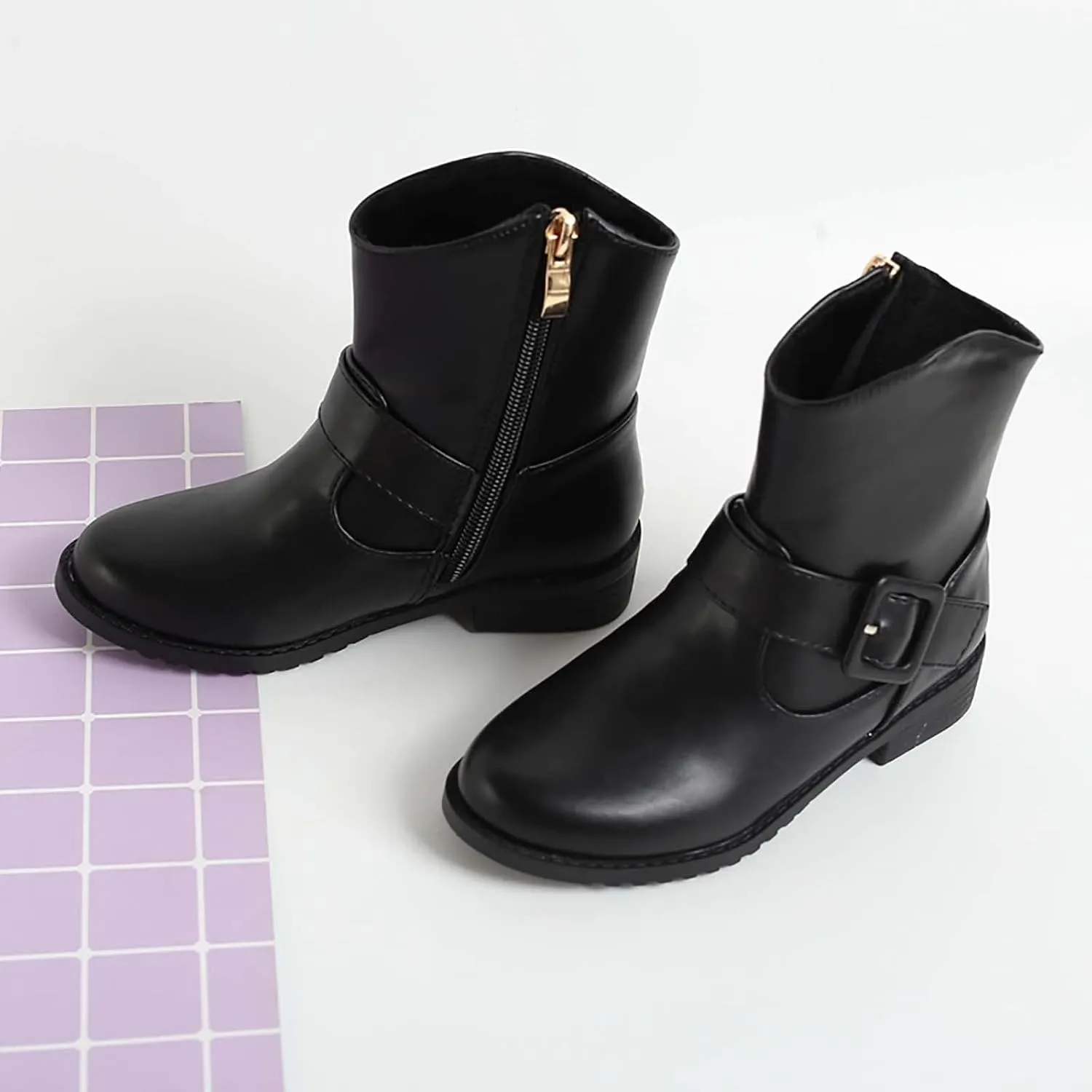 Girls Buckle Decor Side Zipper Western Boots Kids Ankle Boots Girls Low Heel Riding Booties with Rain Boots Girls Size 3