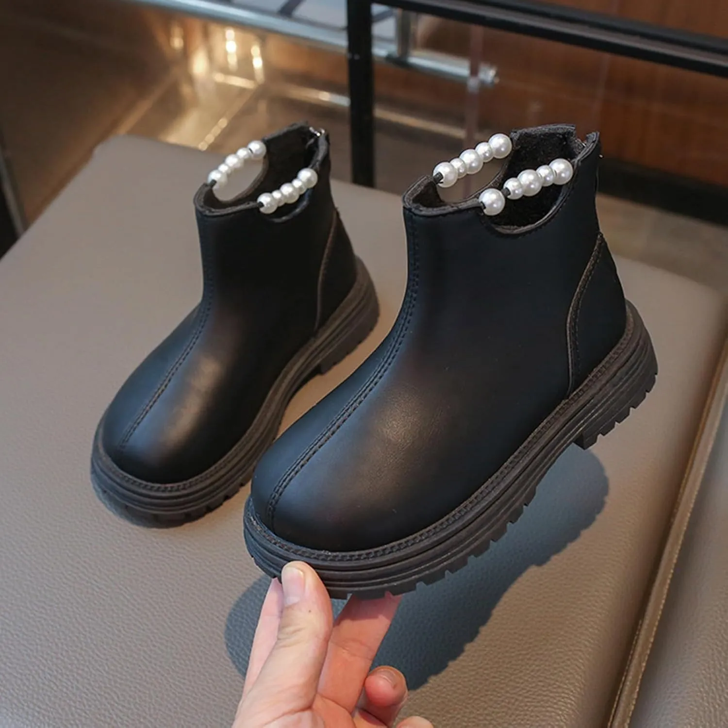 Girls Leather Mary Jane Boots Back Zipper Low Calf Boots Winter Non Slip Low Heel Boots Soft Sole Ankle Boots
