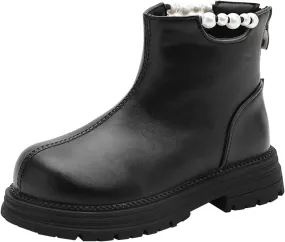 Girls Leather Mary Jane Boots Back Zipper Low Calf Boots Winter Non Slip Low Heel Boots Soft Sole Ankle Boots