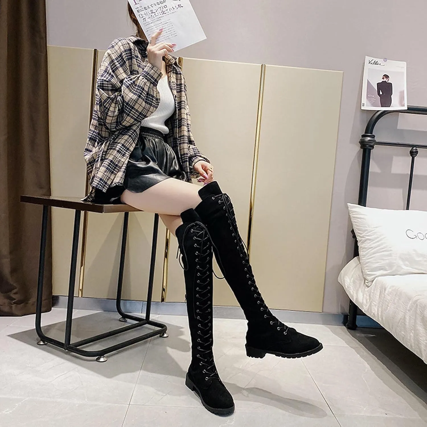 hlysgo Womens Lacing Up Over The Knee Fashion Winter Wide Calf Sexy Thigh High Stretch Long Boots