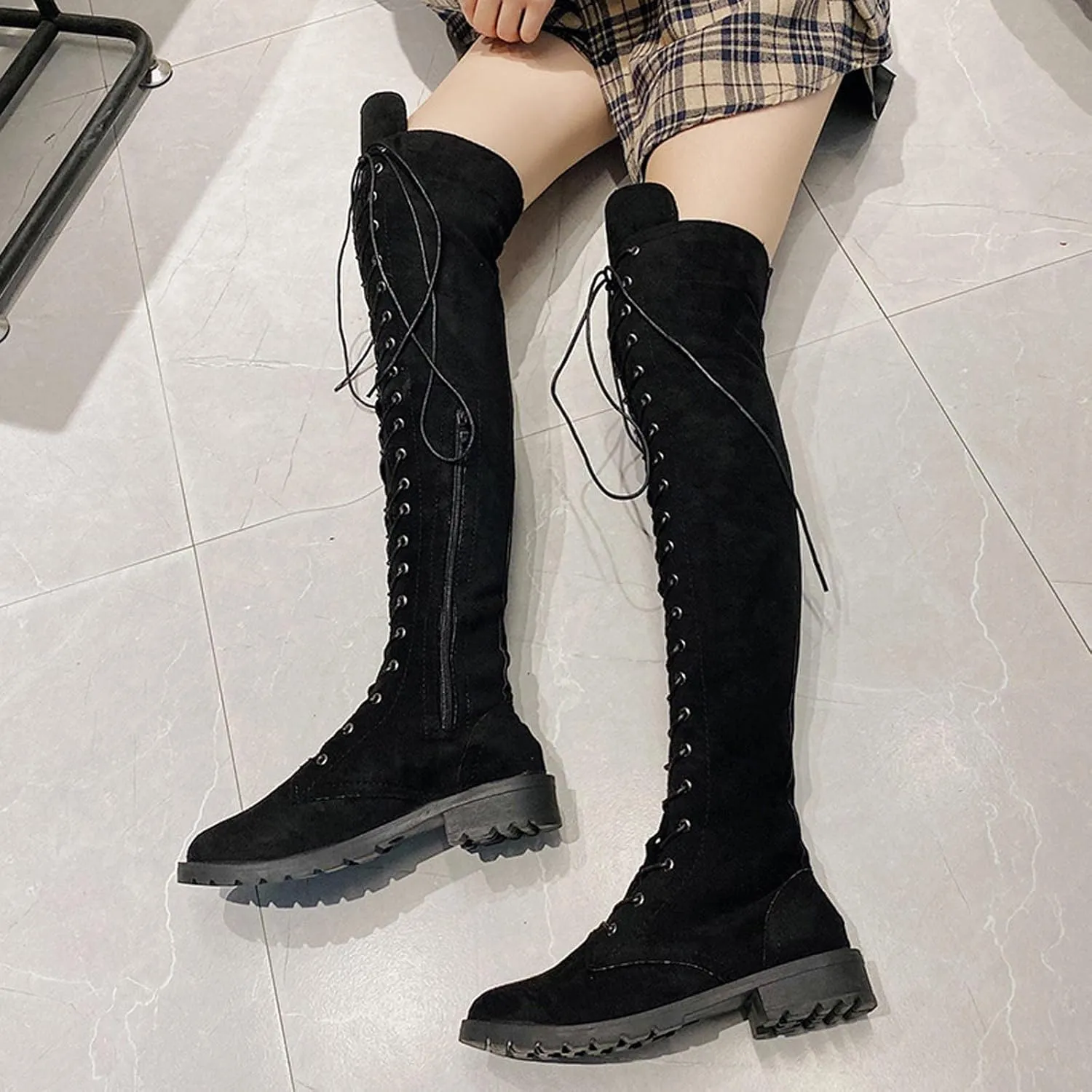 hlysgo Womens Lacing Up Over The Knee Fashion Winter Wide Calf Sexy Thigh High Stretch Long Boots