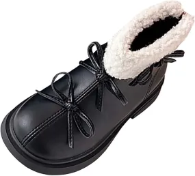 Kids Girls Winter Fleece Ankle Boots Fashion Cute Bowknot PU Leather Shepa Soft Warm Faux  Cold Day Shoes