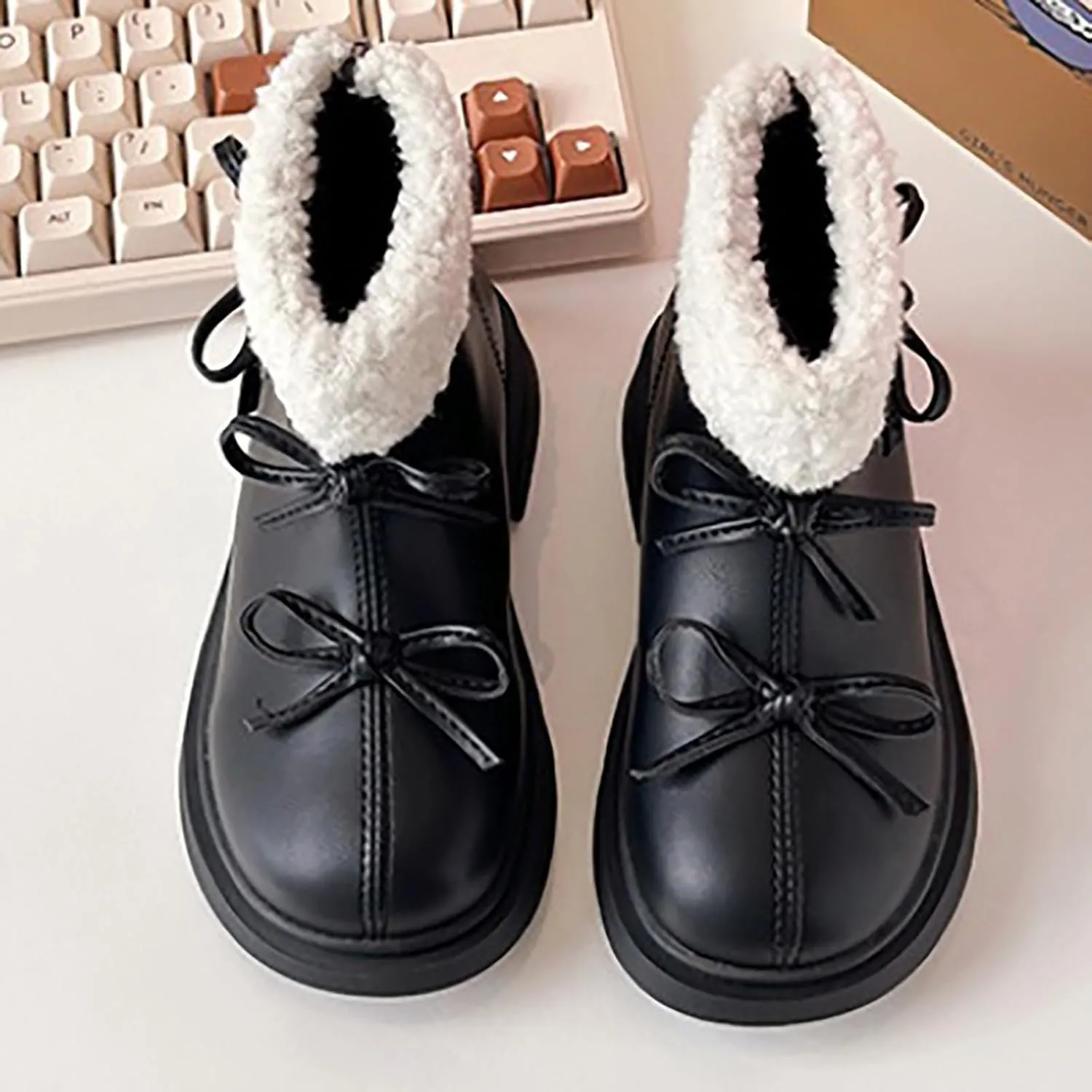 Kids Girls Winter Fleece Ankle Boots Fashion Cute Bowknot PU Leather Shepa Soft Warm Faux  Cold Day Shoes