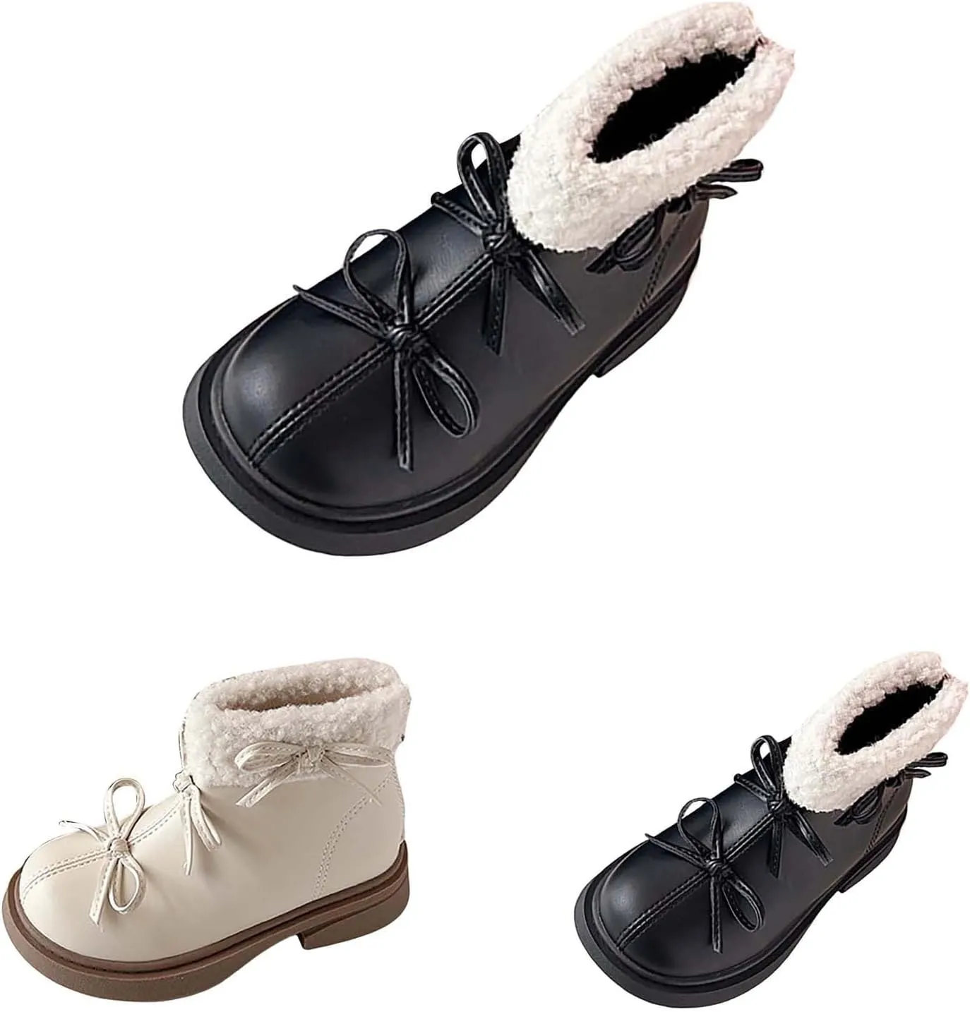 Kids Girls Winter Fleece Ankle Boots Fashion Cute Bowknot PU Leather Shepa Soft Warm Faux  Cold Day Shoes
