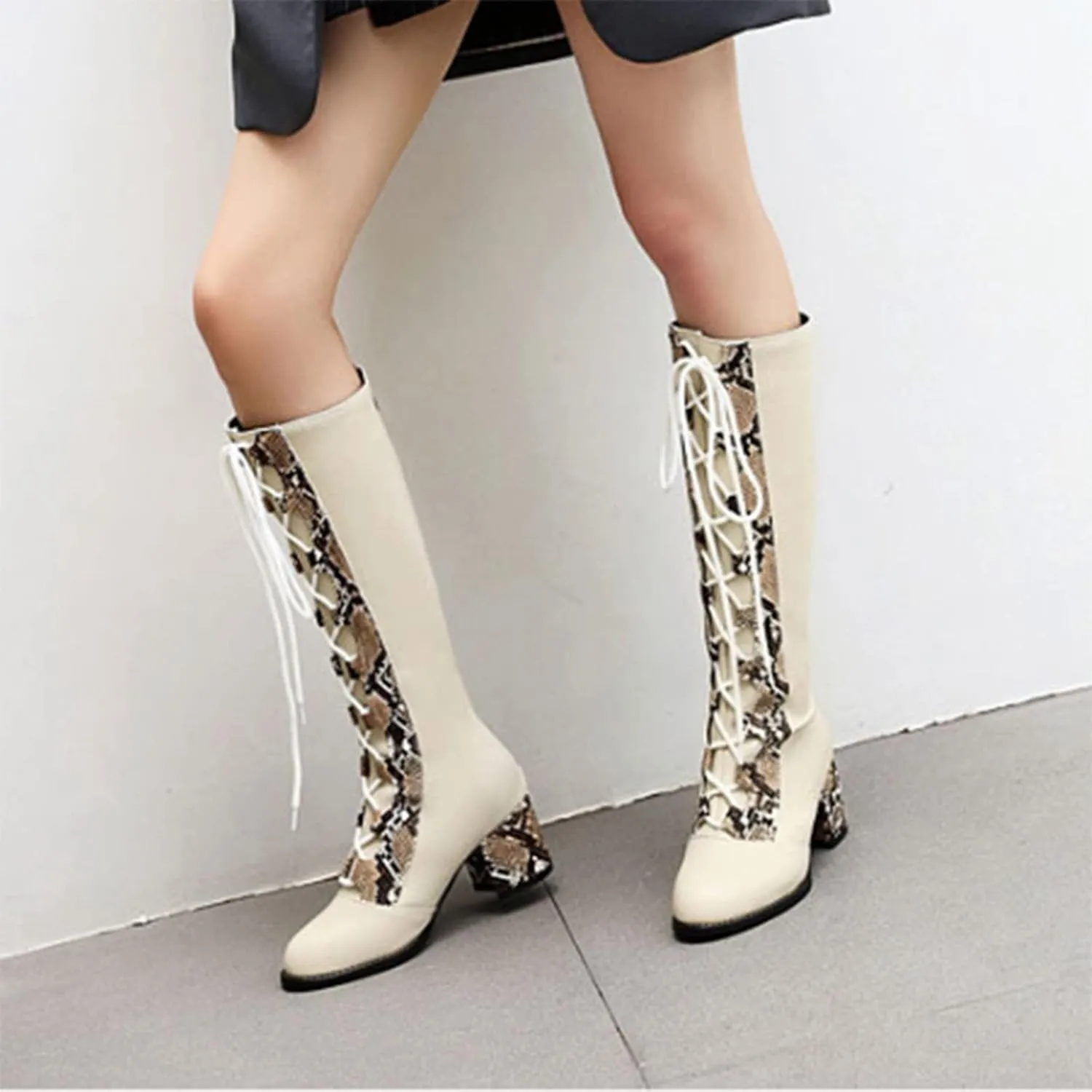 Knee High Boots Women Thigh High Boots Pu Round Toe Lace Up Boots Fal Boots 2024 Winter Women Boots Fashion Boots