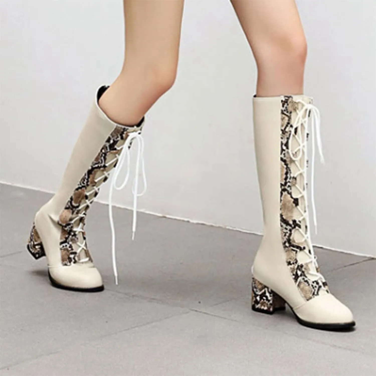 Knee High Boots Women Thigh High Boots Pu Round Toe Lace Up Boots Fal Boots 2024 Winter Women Boots Fashion Boots