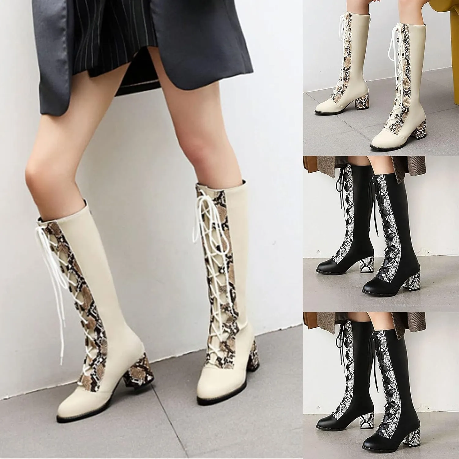 Knee High Boots Women Thigh High Boots Pu Round Toe Lace Up Boots Fal Boots 2024 Winter Women Boots Fashion Boots