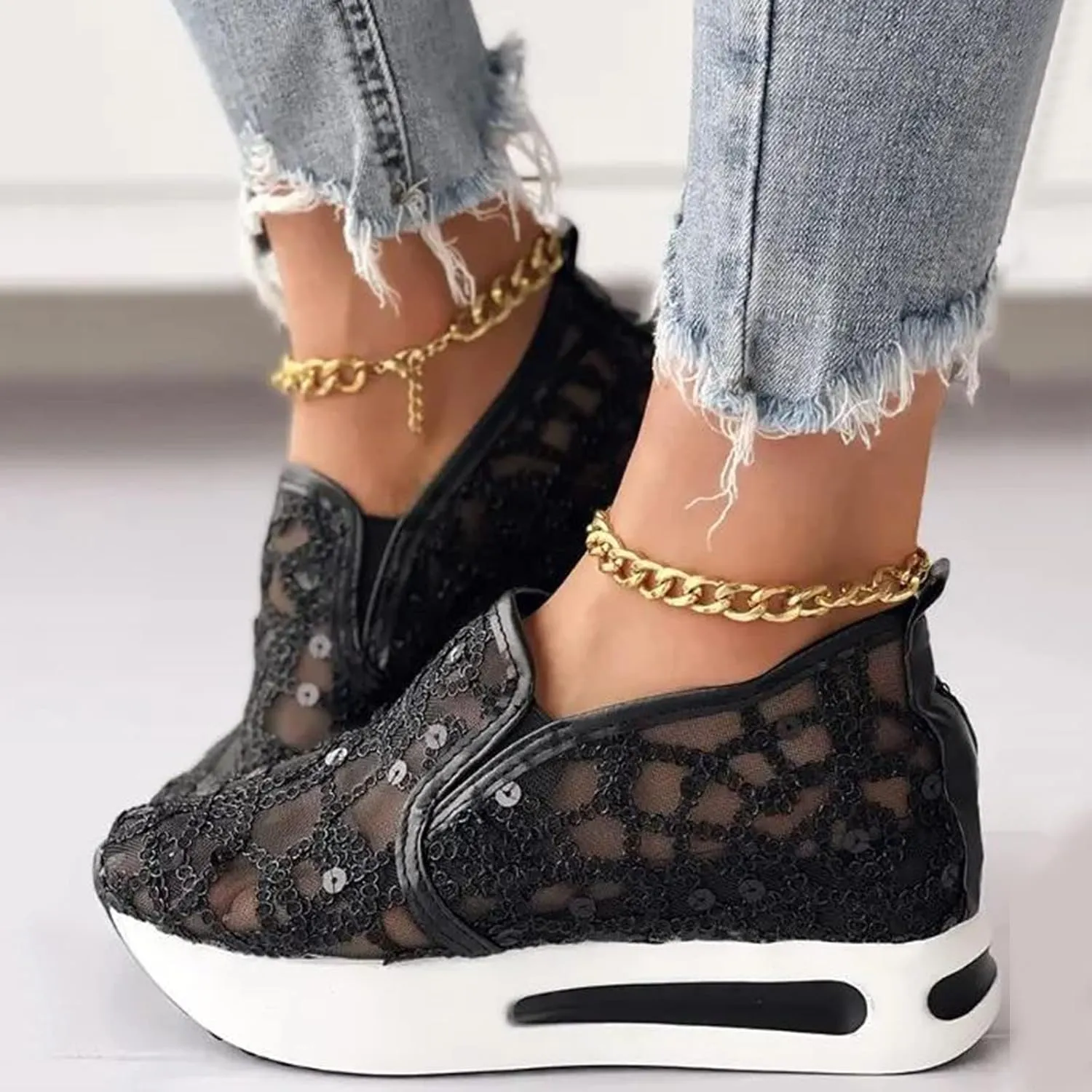 Ladies Fashion Breathable Knitted Mesh Pointed Flat Bottomed Casual Single Shoes Women Shoes Summer Wedge (Black, 7.5)