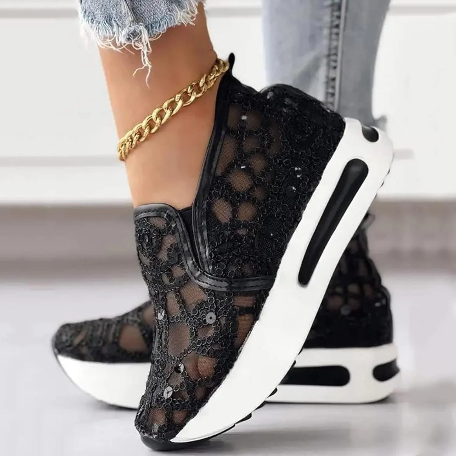 Ladies Fashion Breathable Knitted Mesh Pointed Flat Bottomed Casual Single Shoes Women Shoes Summer Wedge (Black, 7.5)
