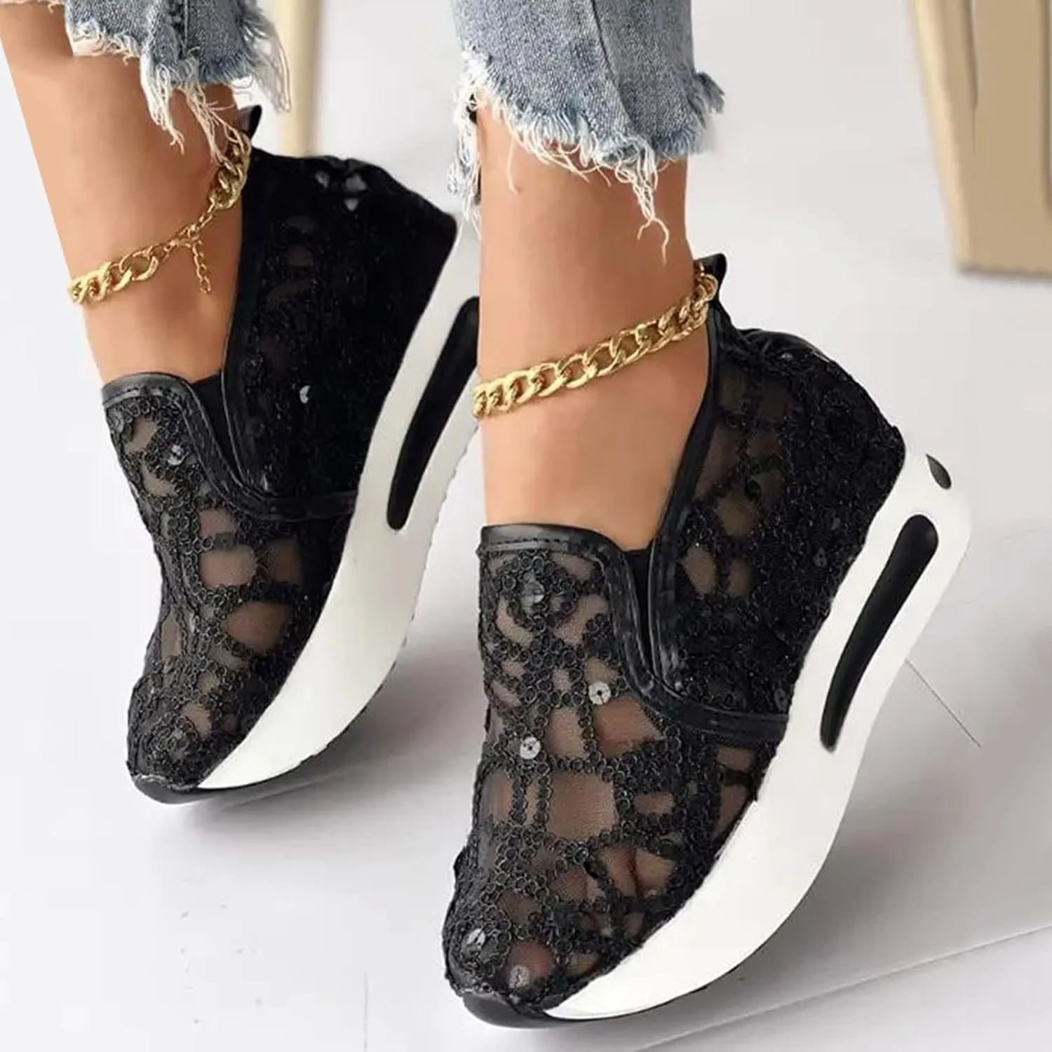 Ladies Fashion Breathable Knitted Mesh Pointed Flat Bottomed Casual Single Shoes Women Shoes Summer Wedge (Black, 7.5)