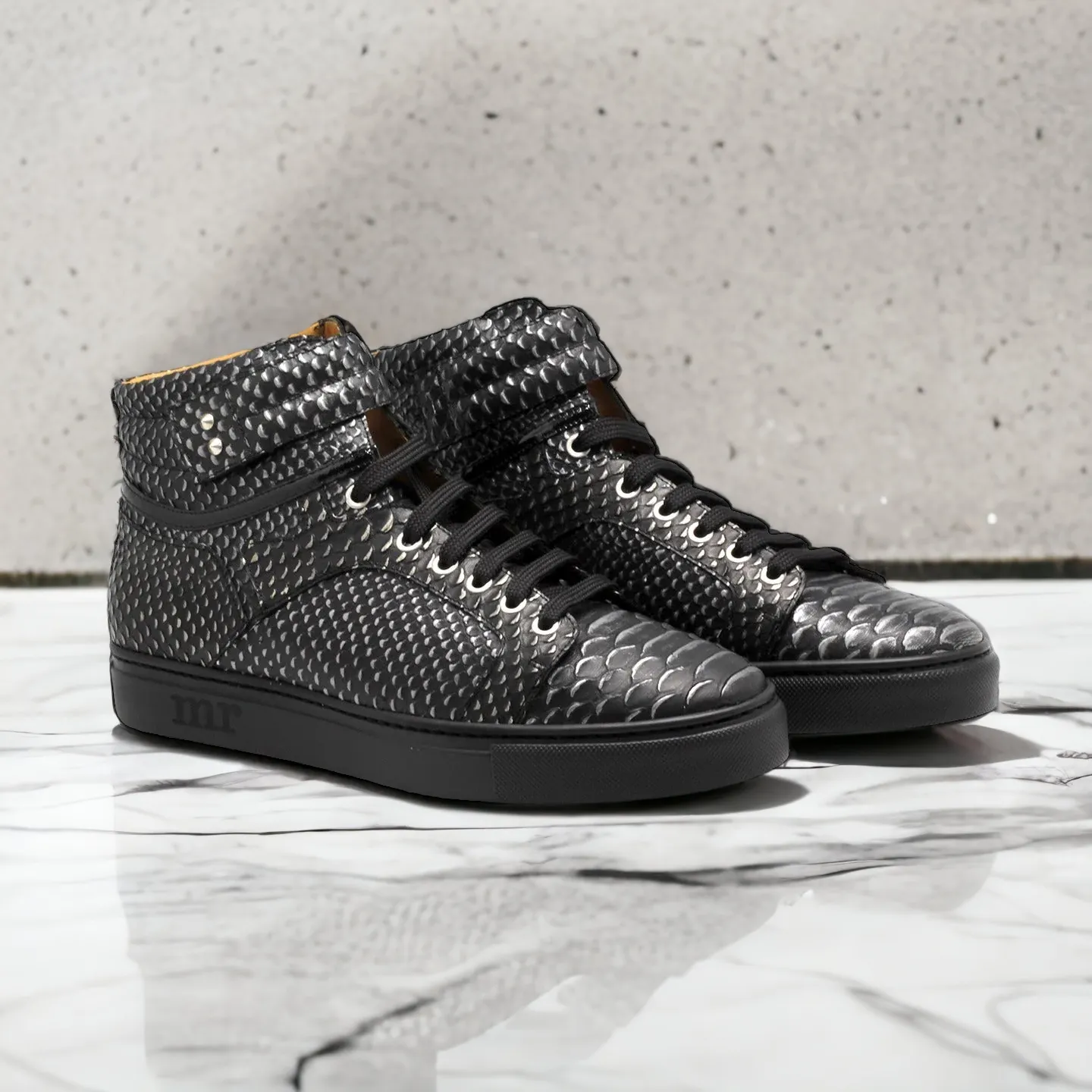 Mister Caule 40471 Men's Shoes Black Snake Print Leather High-Top Sneakers (MIS1128)