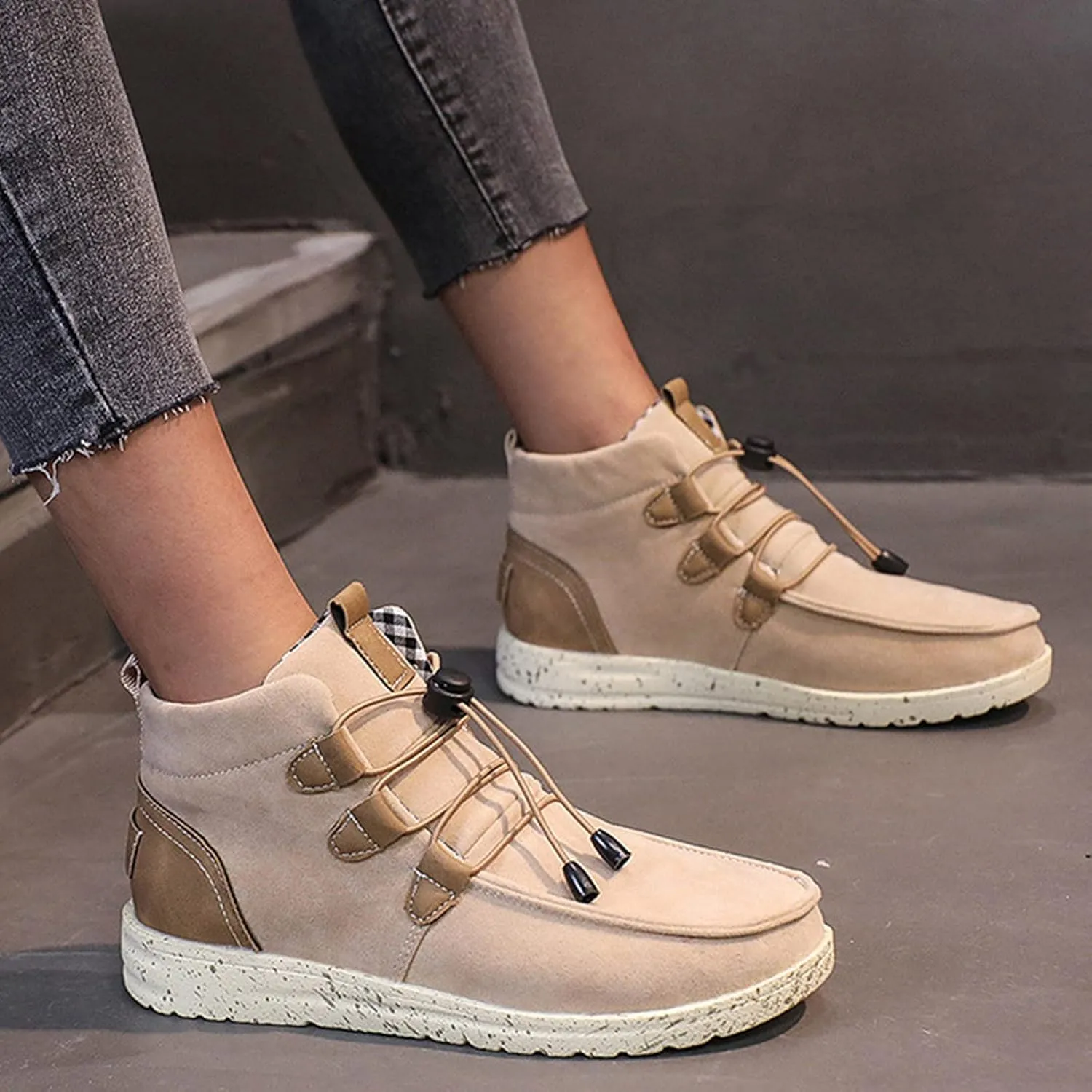 oiangi Women's Sport Shoes Lace-Up Wild Round Toe Retro Flock Solid Color Casual Sneakers Comfortable Casual Walking Shoes
