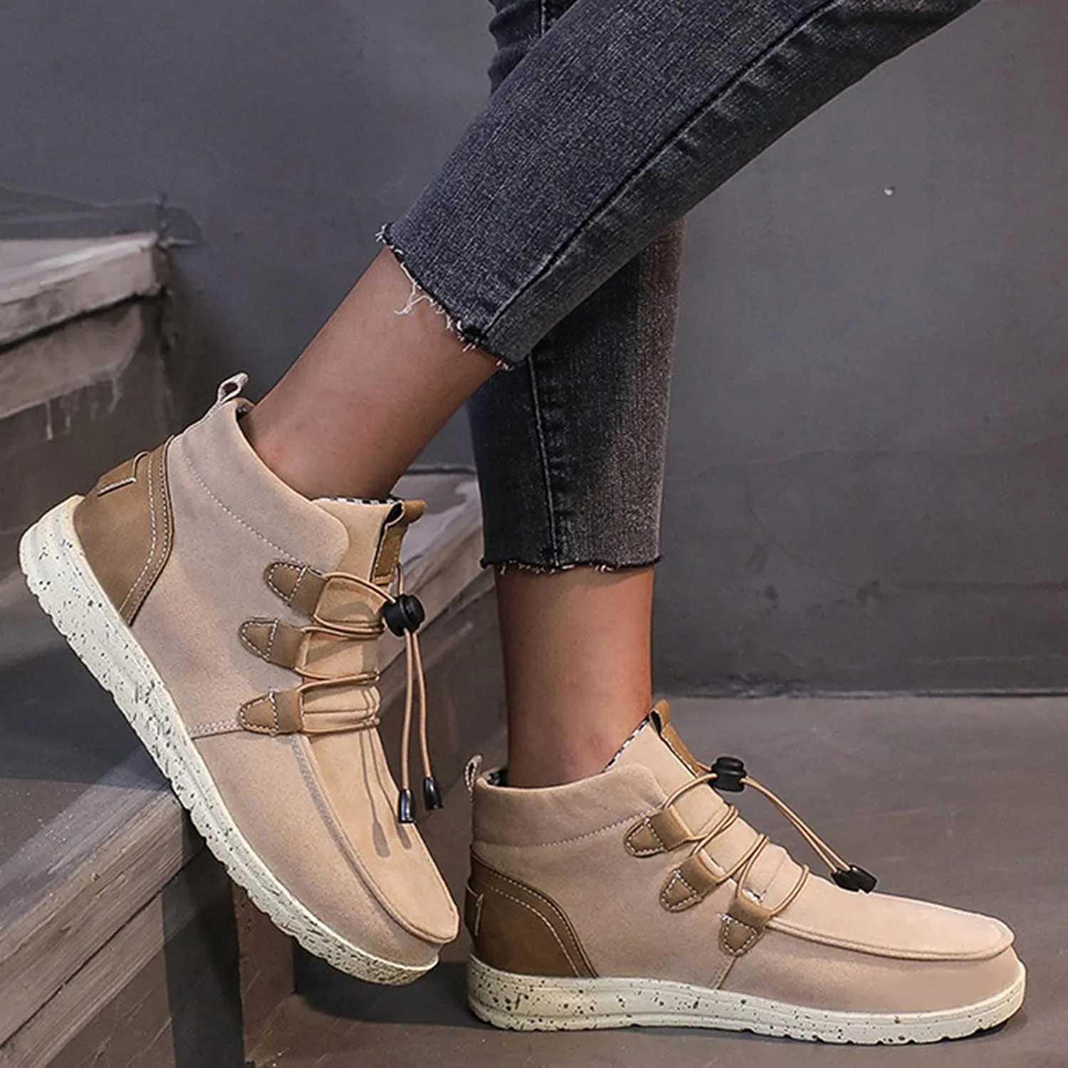 oiangi Women's Sport Shoes Lace-Up Wild Round Toe Retro Flock Solid Color Casual Sneakers Comfortable Casual Walking Shoes