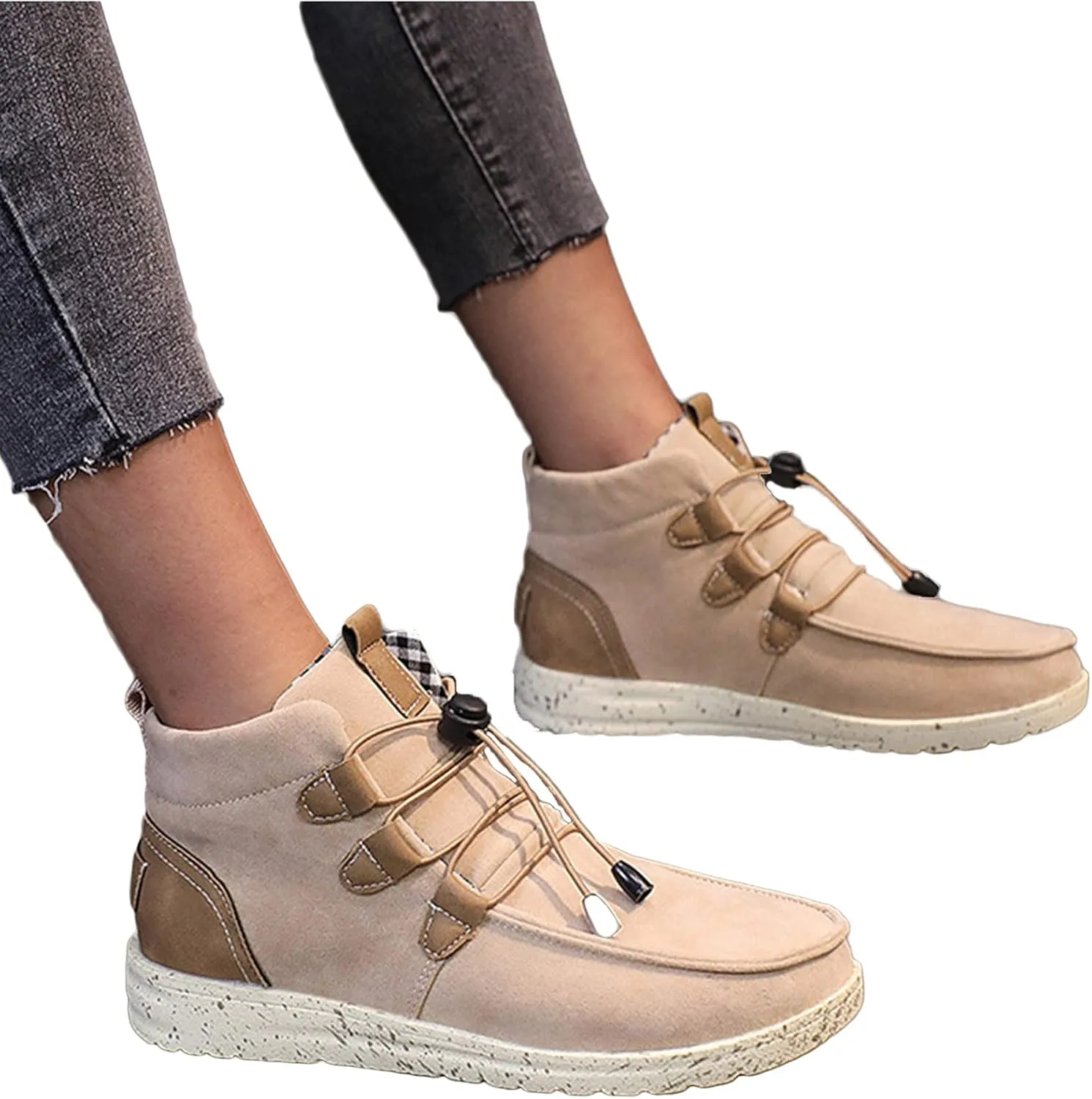 oiangi Women's Sport Shoes Lace-Up Wild Round Toe Retro Flock Solid Color Casual Sneakers Comfortable Casual Walking Shoes
