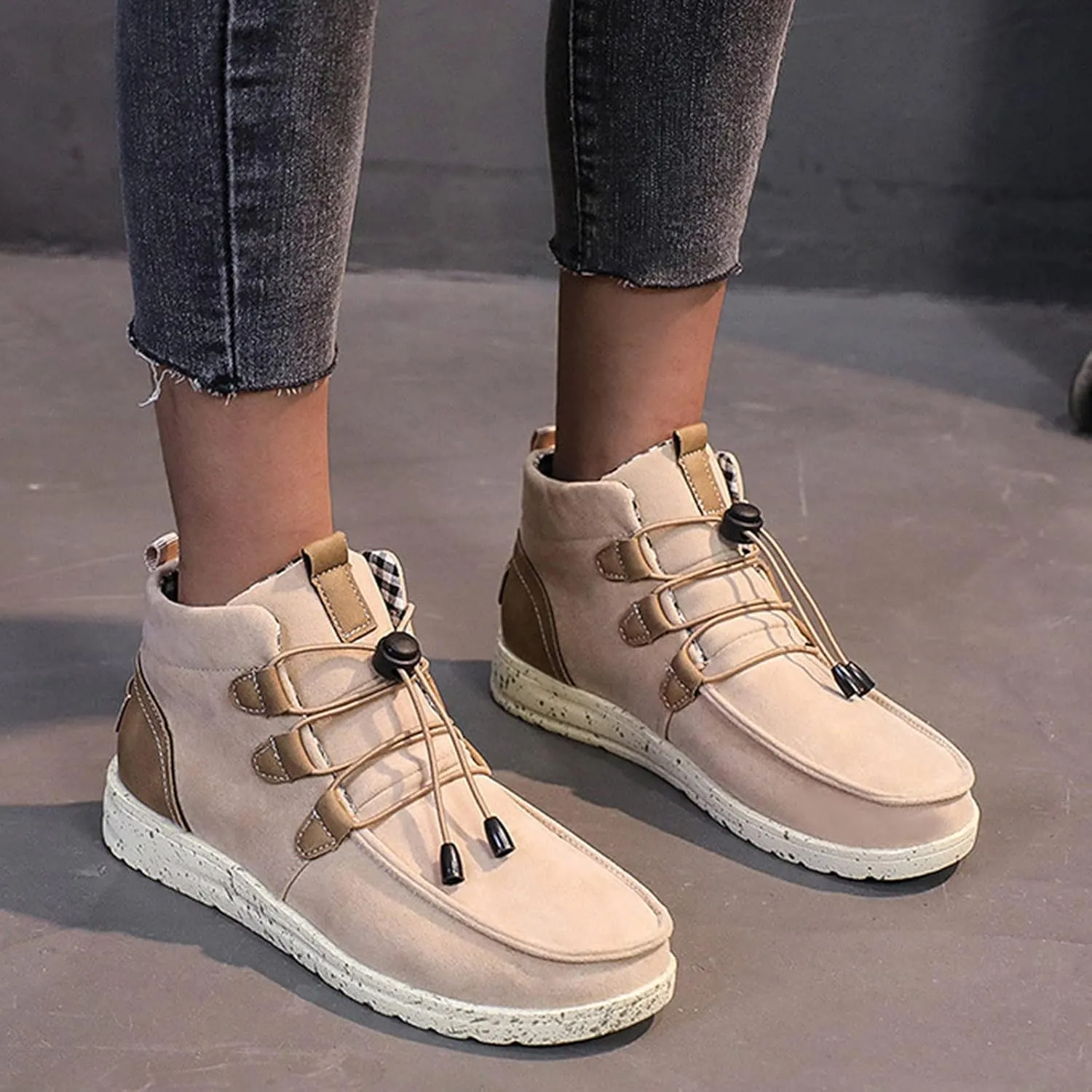 oiangi Women's Sport Shoes Lace-Up Wild Round Toe Retro Flock Solid Color Casual Sneakers Comfortable Casual Walking Shoes