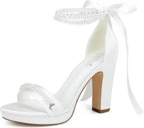 Pearl Wedding Shoes for Bride High Heel Platform Wedding Sandals Chunky Heel Bridal Shoes