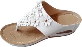 Platform Sandals for Women 2024 Ladies Solid Color Leather Flower Decoration Clip Toe Slope Heel Thick Sole Sandals