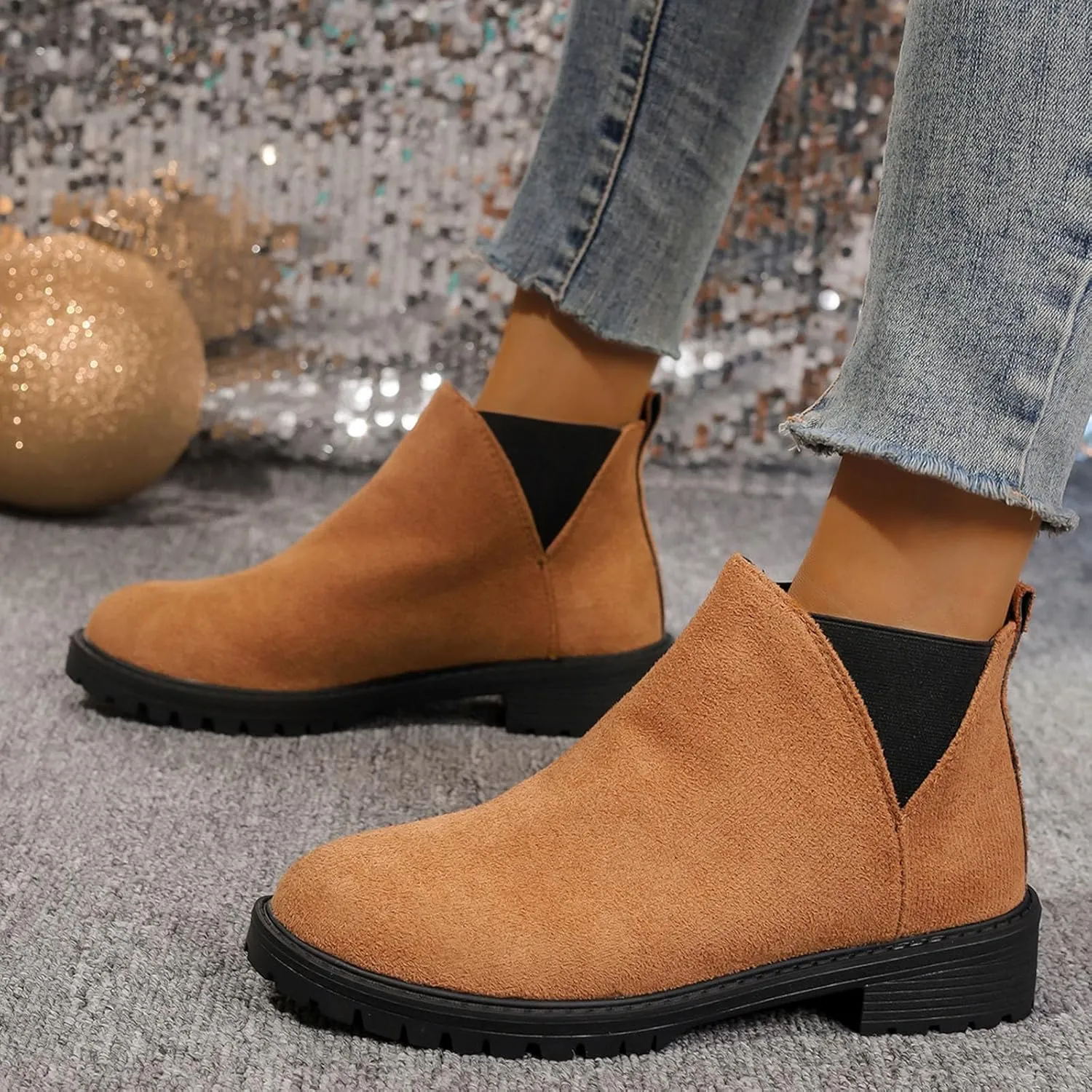 Sinzelimin Women's Ankle Boots, Cowboy Boots for Women Chunky Heel Pointed Toe Pull-On Mid Calf Booties, Womens Hiking Boots