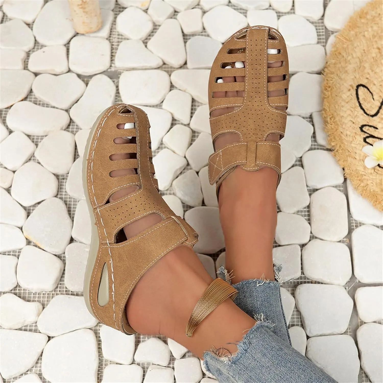 Summer Sandals for Women 2025 Comfortable Hollow Platform Wedge Sandals Orthopedic Slip On Slippers Arch Support Slip Sandal Casual Bohemia Gladiator Walking Wedges