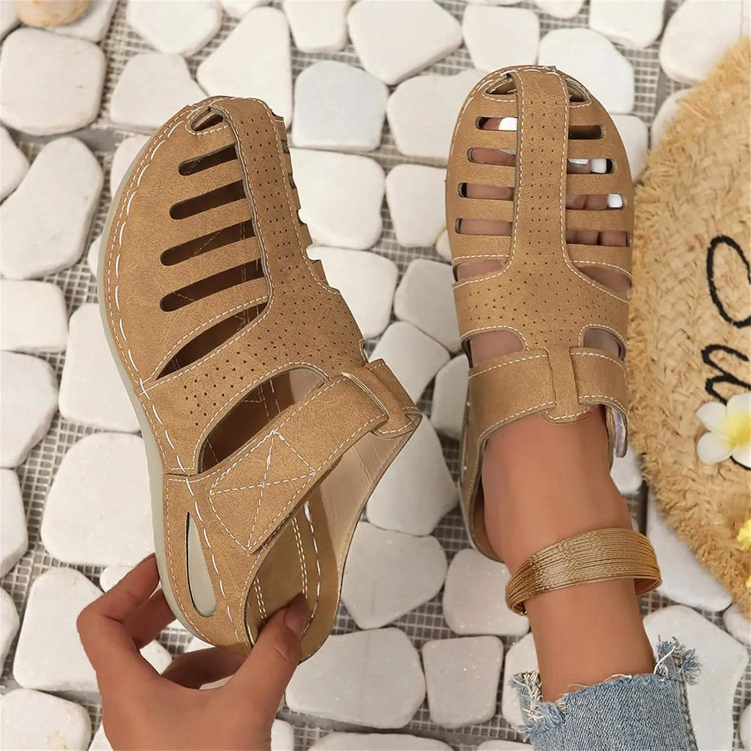 Summer Sandals for Women 2025 Comfortable Hollow Platform Wedge Sandals Orthopedic Slip On Slippers Arch Support Slip Sandal Casual Bohemia Gladiator Walking Wedges